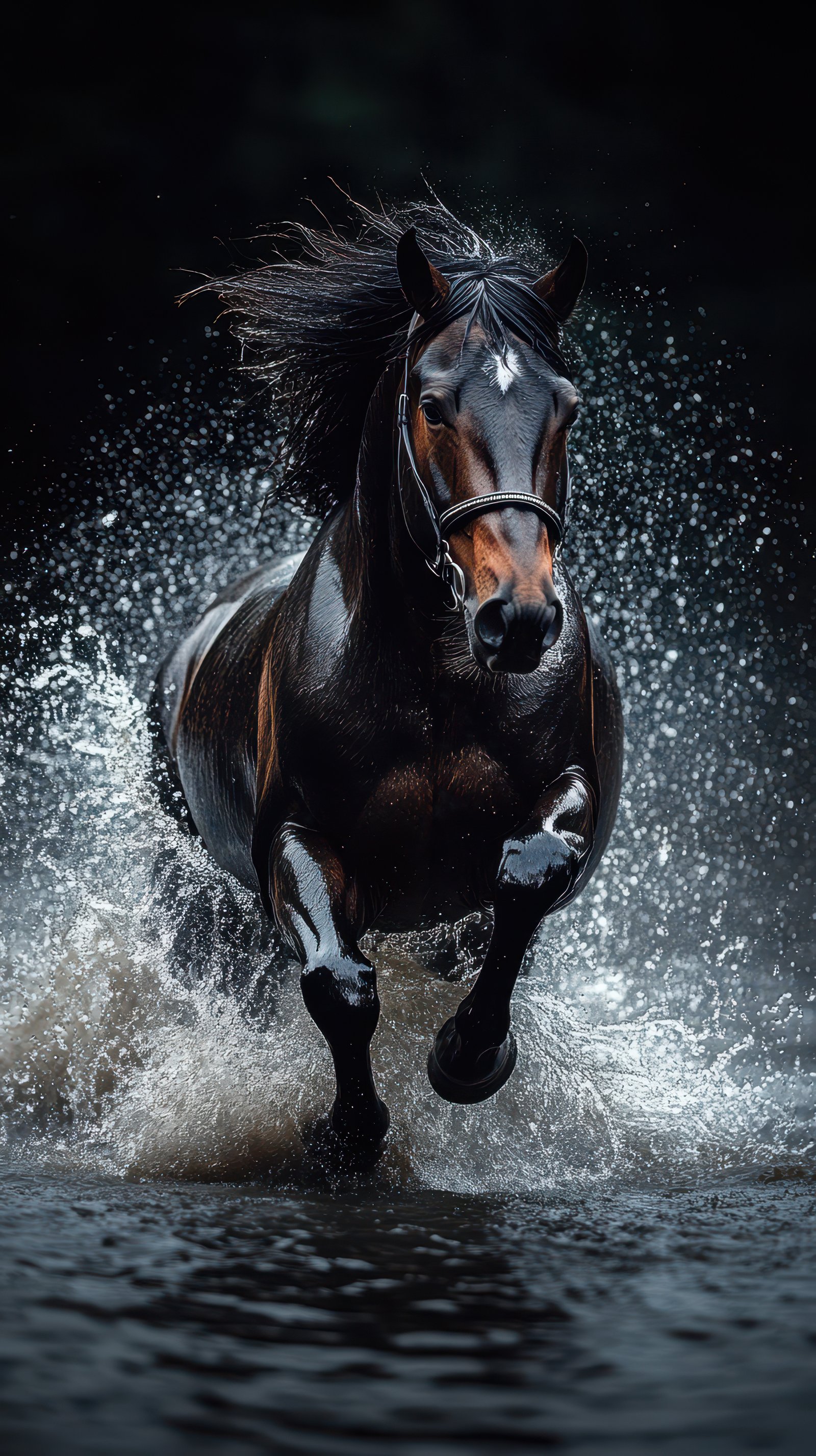 Majestic black horse galloping through water with powerful splashes during golden hour